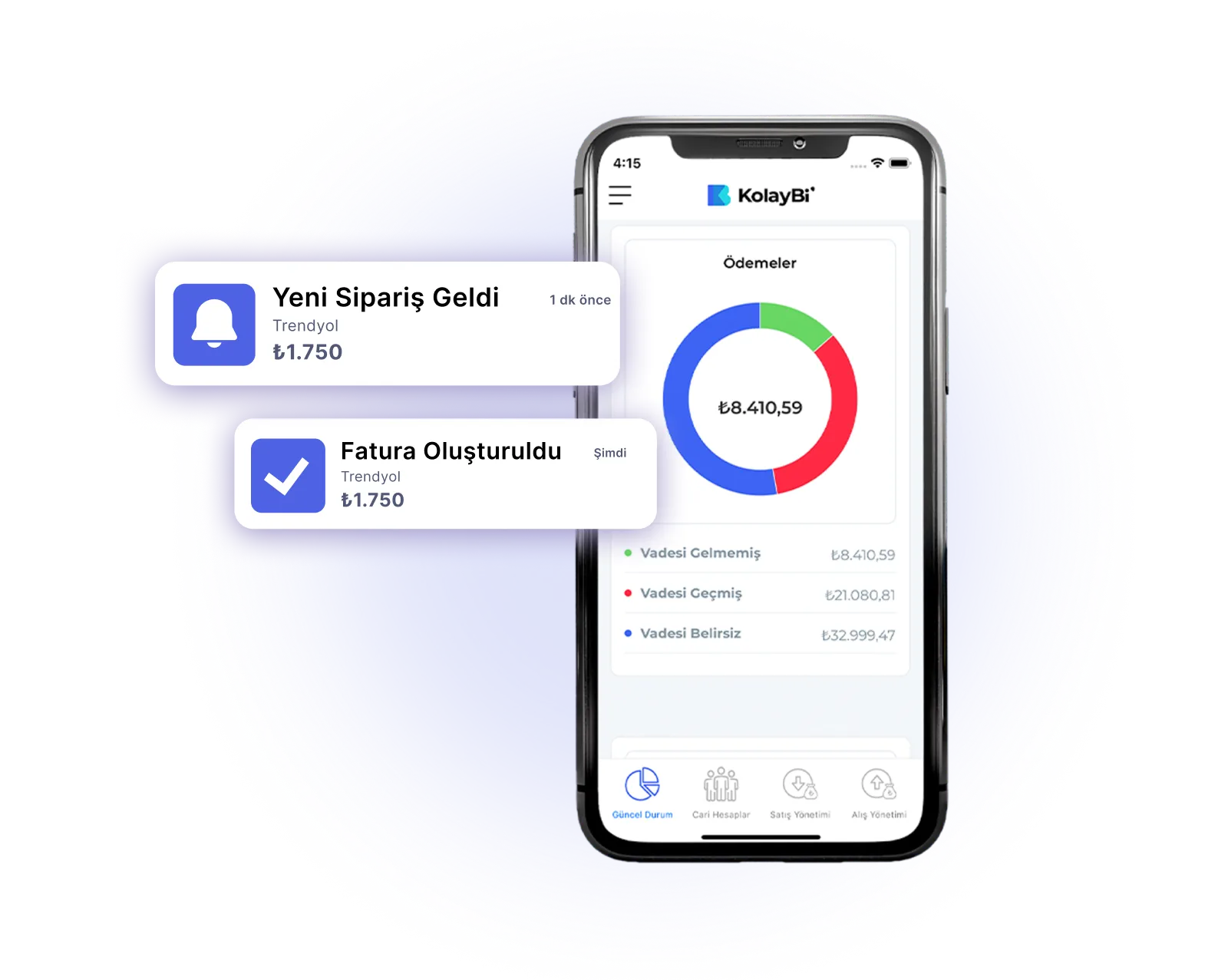 Mobile phone screen showing KolayBi app with a payments pie chart and notifications for a new order and invoice creation from Trendyol.