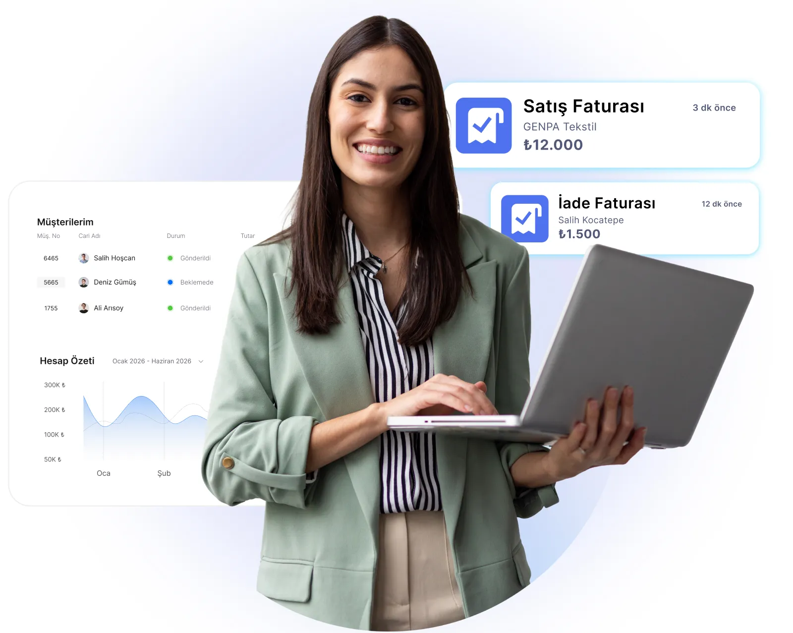 Smiling woman in a green blazer holding a laptop with financial data and invoice notifications in Turkish displayed behind her.