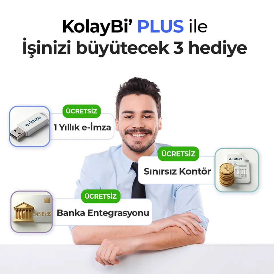 KolayBi' PLUS ile işinizi büyütecek 3 ücretsiz hediye: 1 Yıllık e-imza, sınırsız kontör, banka entegrasyonu.