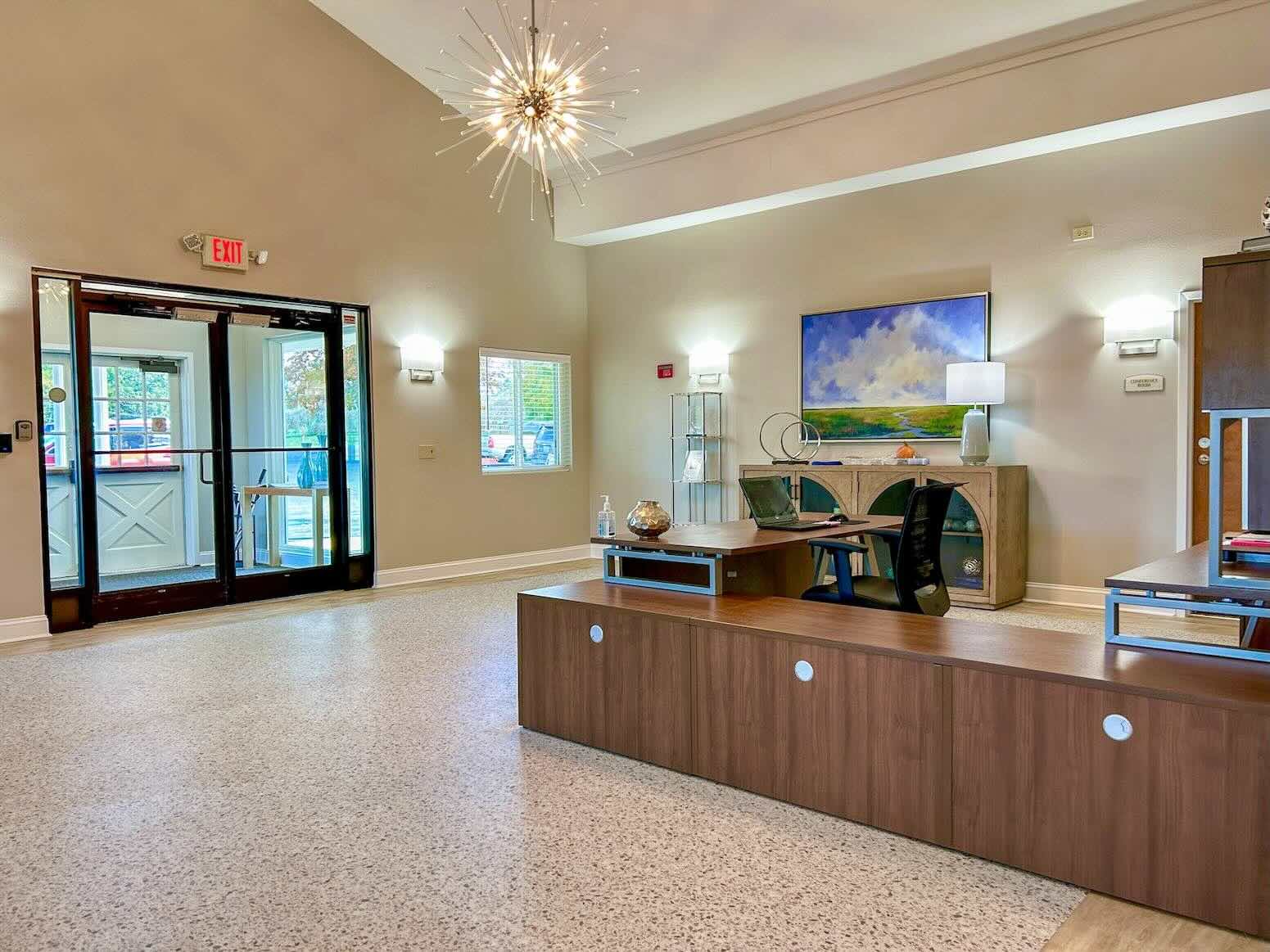 River's Bend main lobby and entrance with welcome desk.