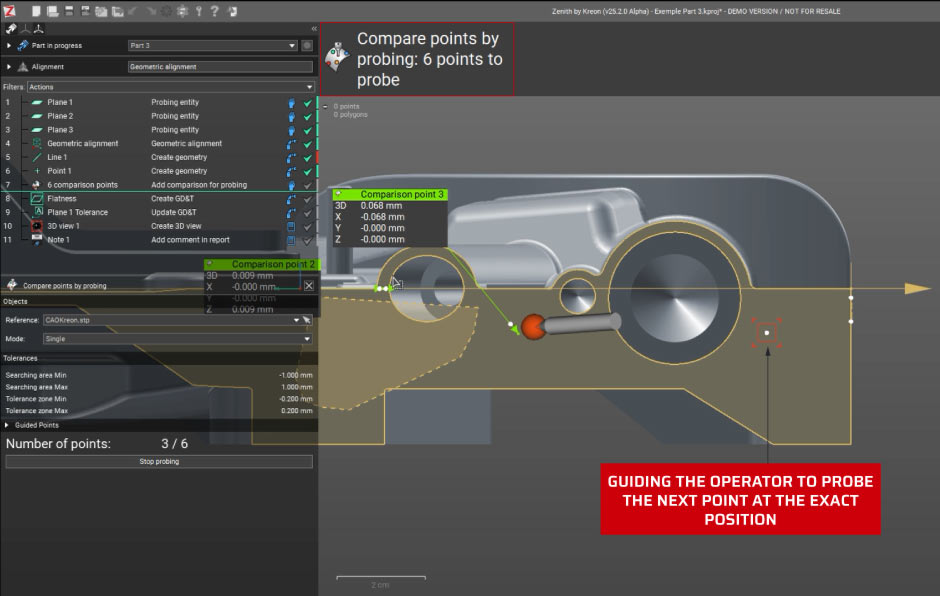 Interface logicielle Zenith guidant l'opérateur vers des points de comparaison de palpeur sur une pièce mécanique