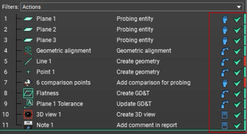 Interface Zenith montrant la liste des actions de mesure et des étapes de création d'entités
