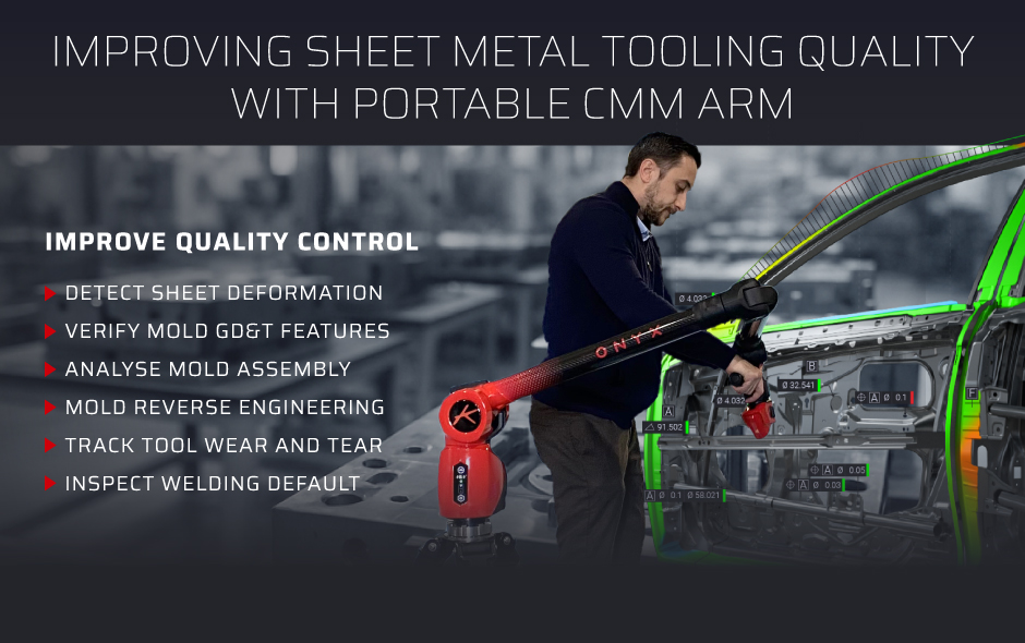 A quality control Engineer using a Kreon Onyx portable CMM arm to inspect sheet metal tooling and automotive components in a factory environment, highlighting quality control applications such as deformation detection, GD&T verification, and mold inspection