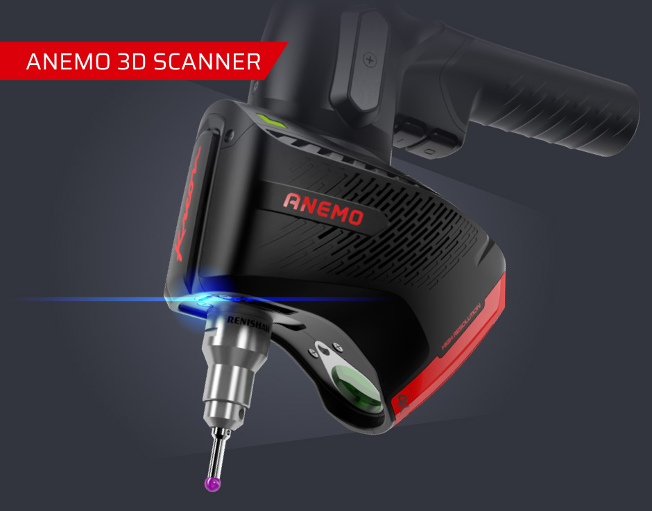 Anemo 3D Scanner – 3D scanner mounted on a measuring arm, mounted on a measuring arm, with blue laser illumination and a probing stylus.
