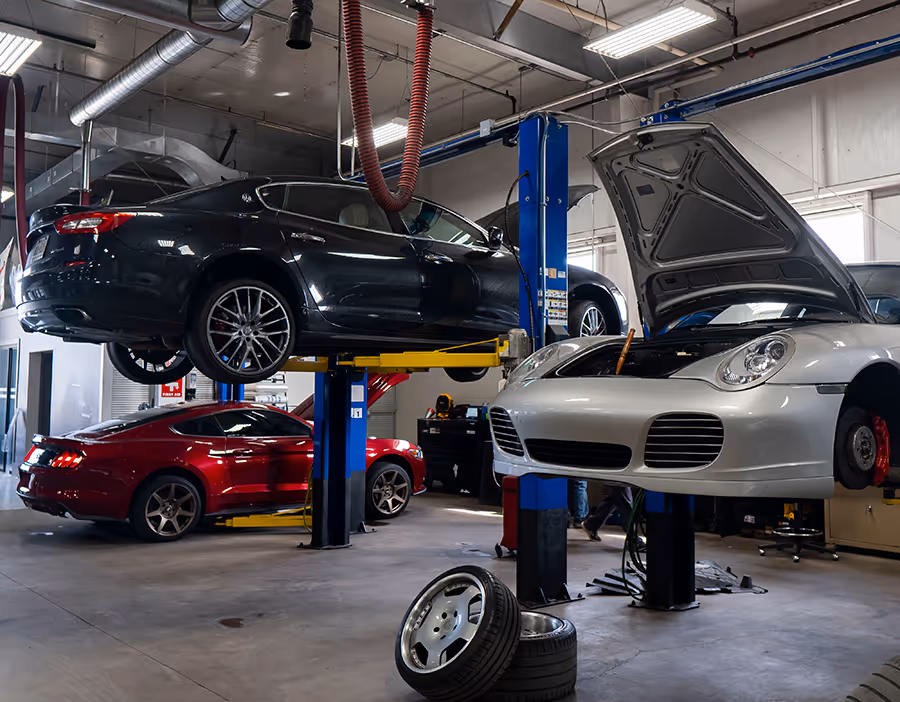 Porsche service work inside the Kellymoss shop