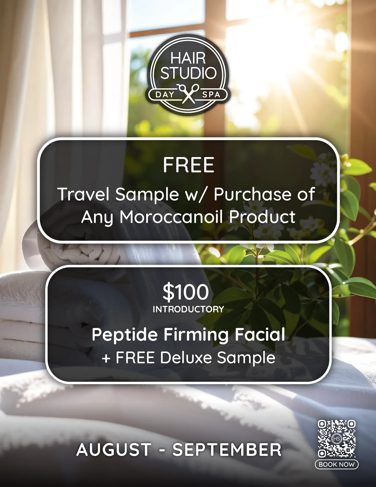 FREE Sample with purchase of any Moroccanoil product. $100 Introductory Peptide Firming Facial + FREE deluxe sample.
