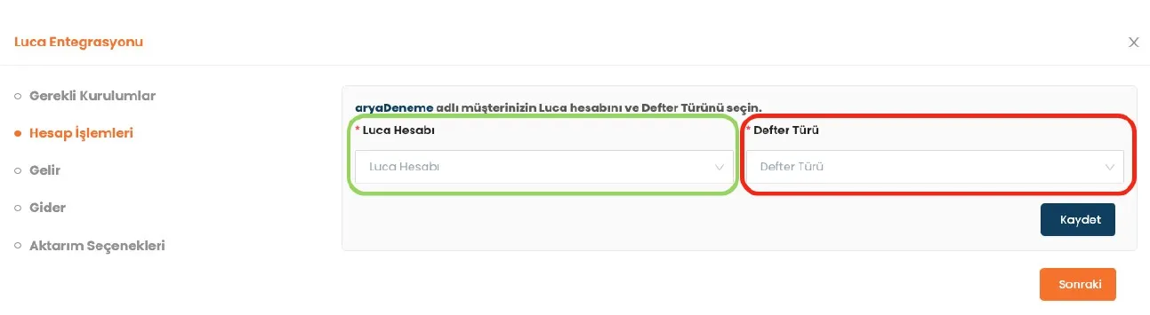 Luca Entegrasyonu Defter Türü ve Luca Hesap Tanımı)