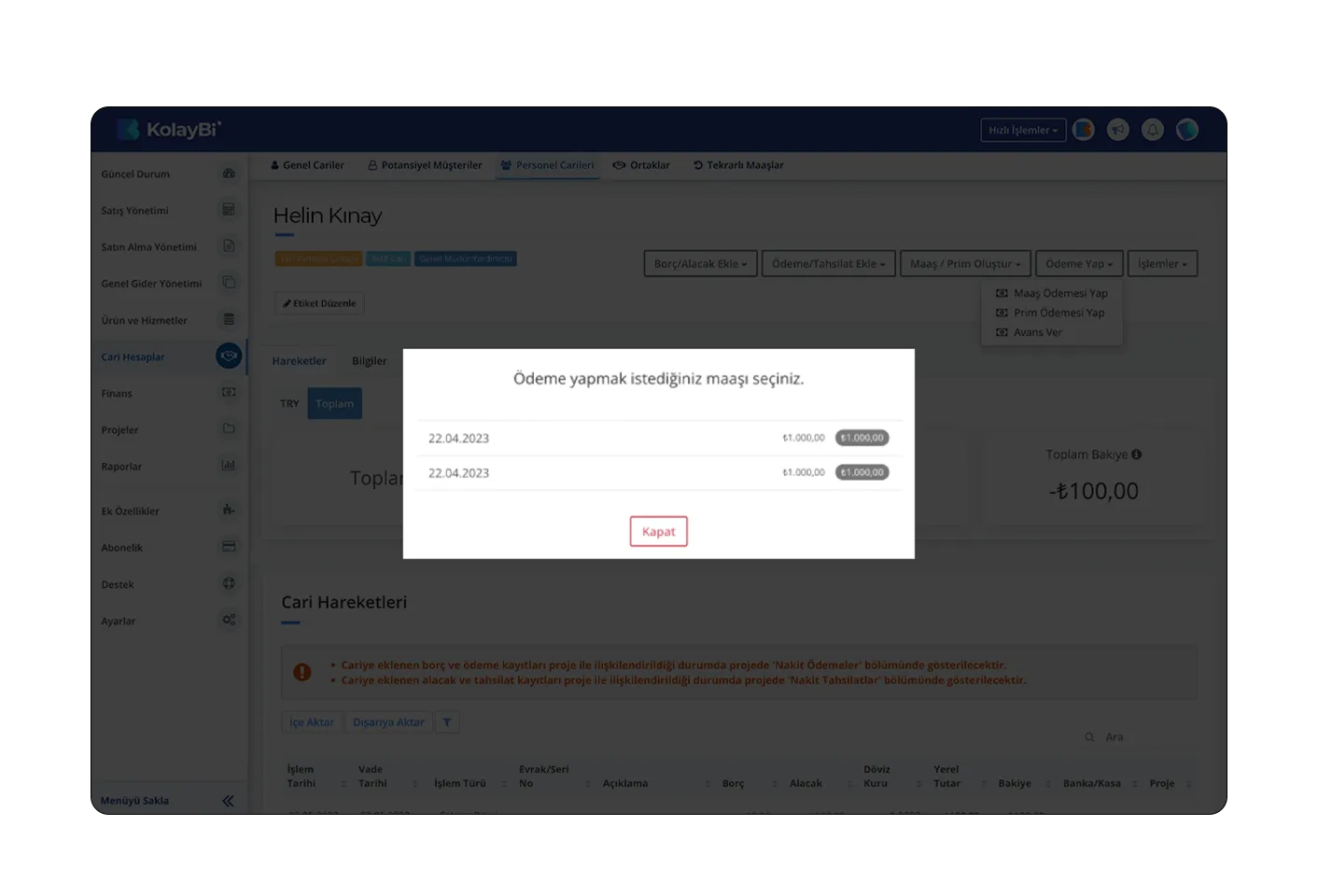 ödeme yapma seçenekleri, cari hesap ekranı