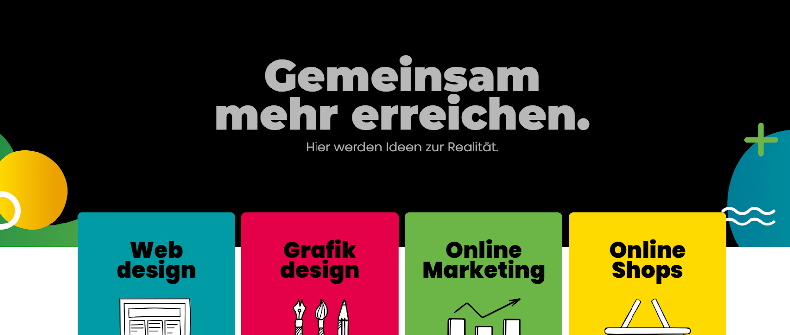 Leistungsübersicht der Agentur Purpix mit dem Slogan „Gemeinsam mehr erreichen“, die die vier Kernbereiche Webdesign, Grafikdesign, Online-Marketing und Online-Shops visualisiert. Dies unterstreicht den im Artikel erwähnten Full-Service-Ansatz, der kreative Gestaltung mit strategischem Marketing für KMUs verbindet.