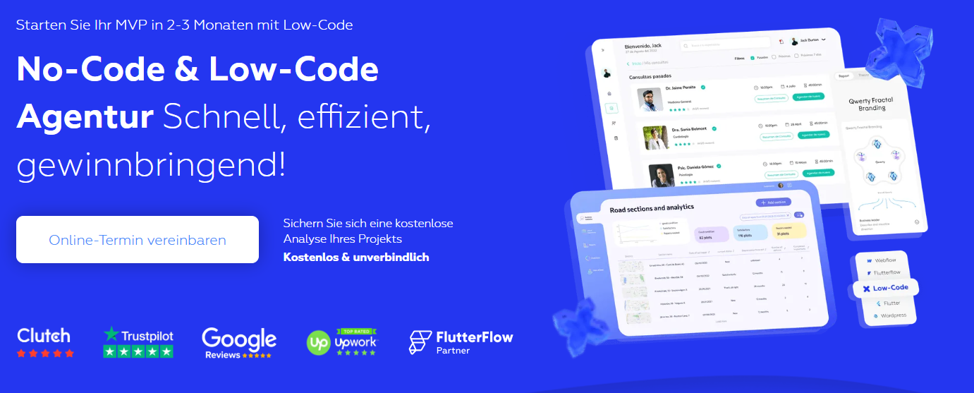 Werbebanner einer No-Code & Low-Code Webseiten-Agentur für Startups, das die schnelle Entwicklung eines MVPs in 2-3 Monaten sowie eine kostenlose Projektanalyse bewirbt, ergänzt durch 5-Sterne-Bewertungen von Clutch und Google.