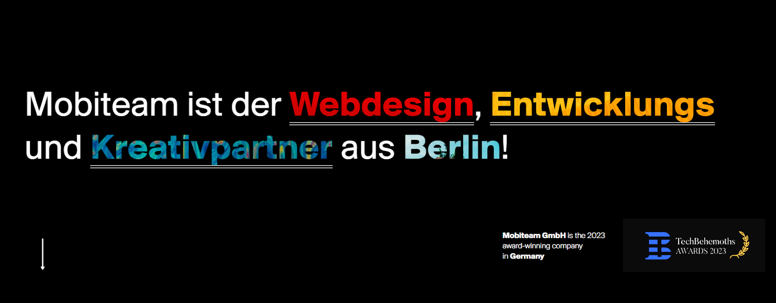 Banner der Berliner Agentur Mobiteam, das sie als Partner für Webdesign und Entwicklung positioniert und den TechBehemoths Award 2023 zeigt. Dies unterstreicht die im Text beschriebene Expertise für maßgeschneiderte Unternehmens- und E-Commerce-Websites.