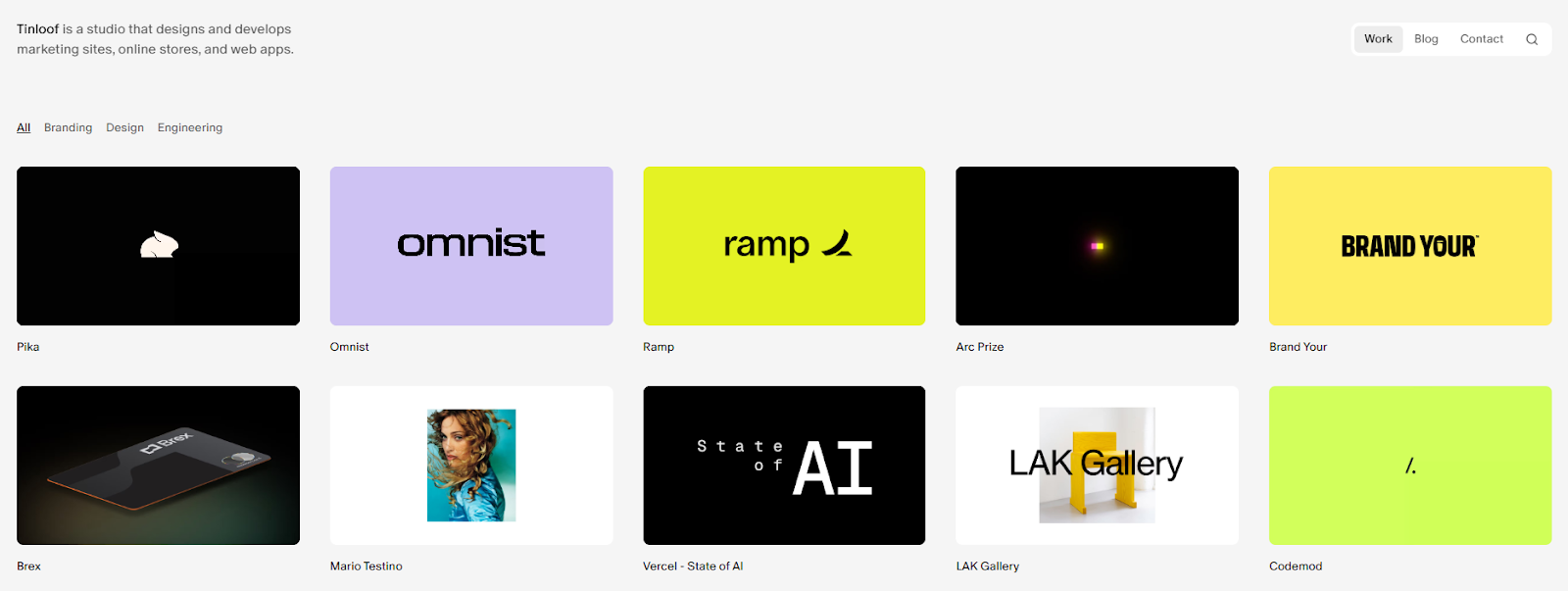 Portfolio-Übersicht der Hamburger Boutique-Agentur Tinloof, die diverse Design- und Branding-Projekte zeigt. Dies veranschaulicht den im Artikel beschriebenen Fokus auf ästhetische, markenorientierte Webseiten und visuelles Storytelling für Startups und E-Commerce.