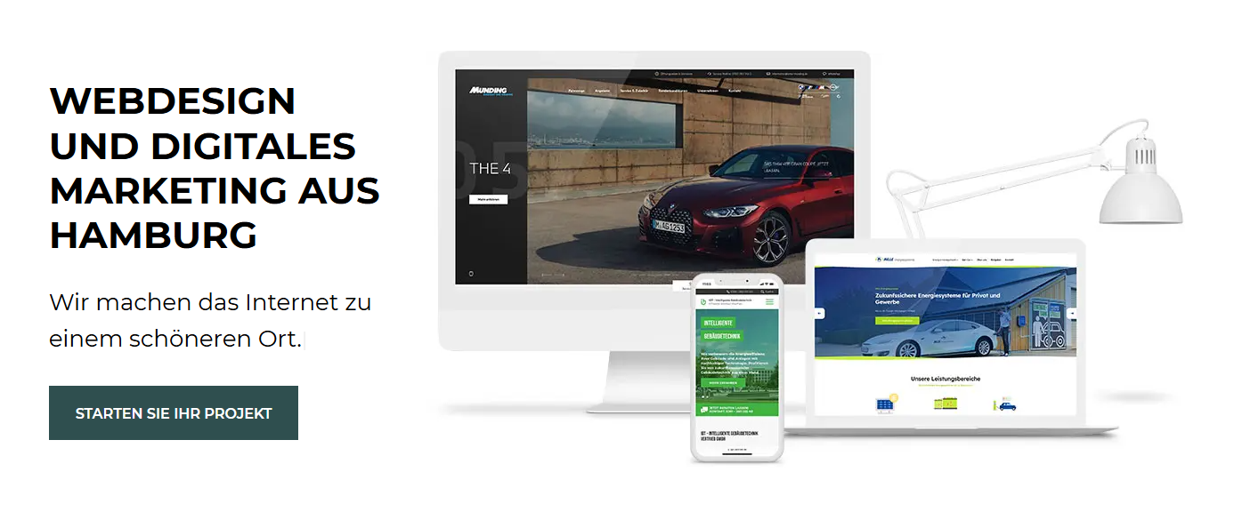 Hero-Banner der Hamburger Agentur WVNDERLAB mit dem Titel „Webdesign und digitales Marketing“, das responsive Websites auf Desktop, Laptop und Smartphone zeigt. Dies veranschaulicht das im Artikel beschriebene ganzheitliche Angebot aus Design, Entwicklung und Marketing für KMUs.