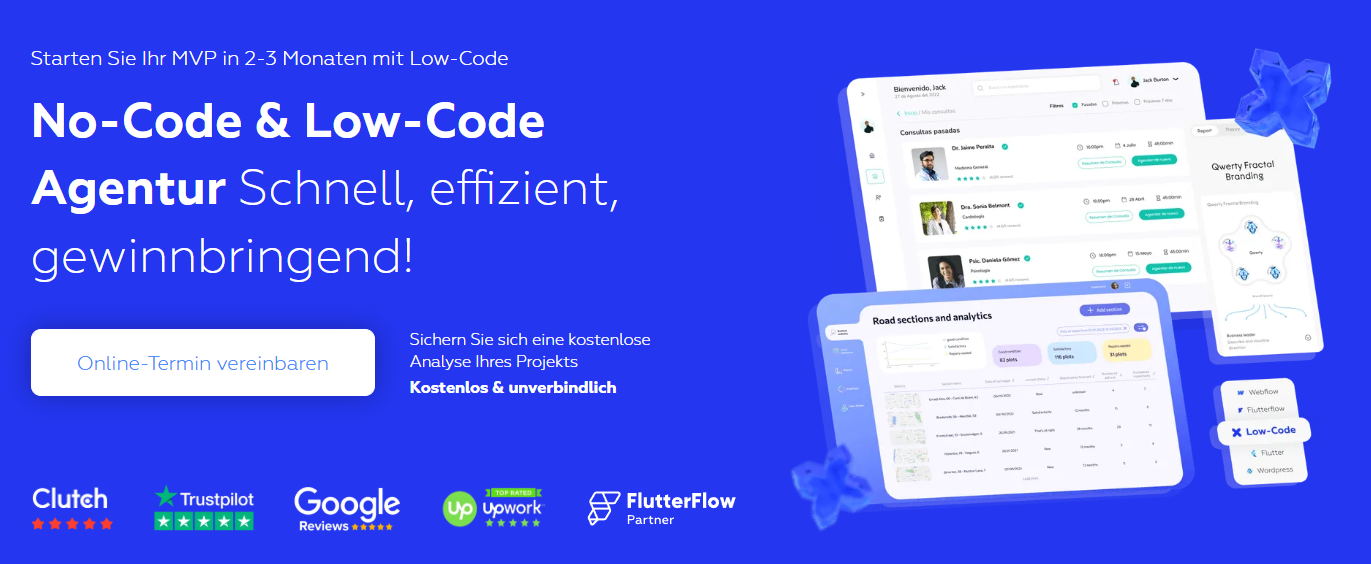 Xmethod homepage banner highlighting low-code development services, rapid MVP launch in 2-3 months, and healthcare automation dashboards.