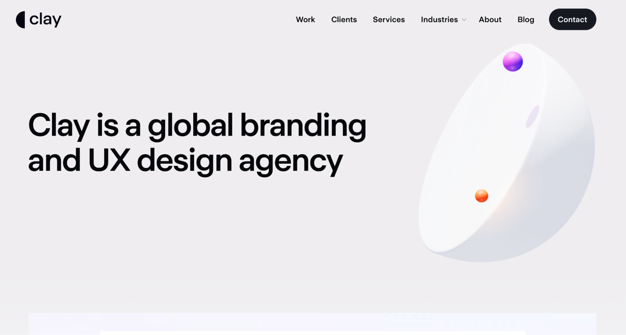 Screenshot of Clay’s homepage featuring branding and UX design services