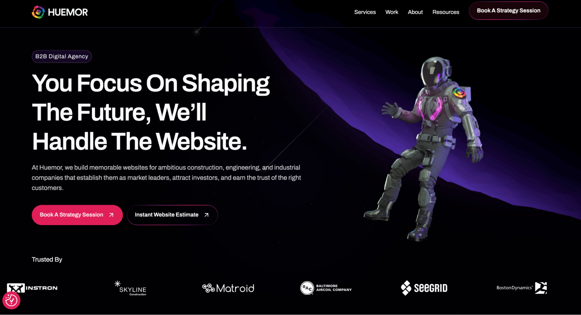 Screenshot of the Huemor homepage highlighting its B2B design and digital services