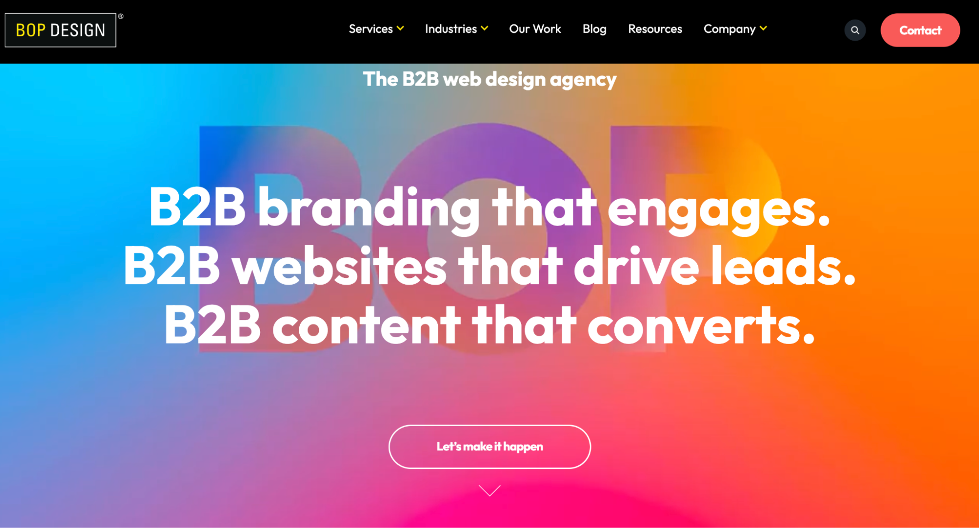 Screenshot of the Bop Design homepage emphasizing lead generation and brand growth for B2B firms