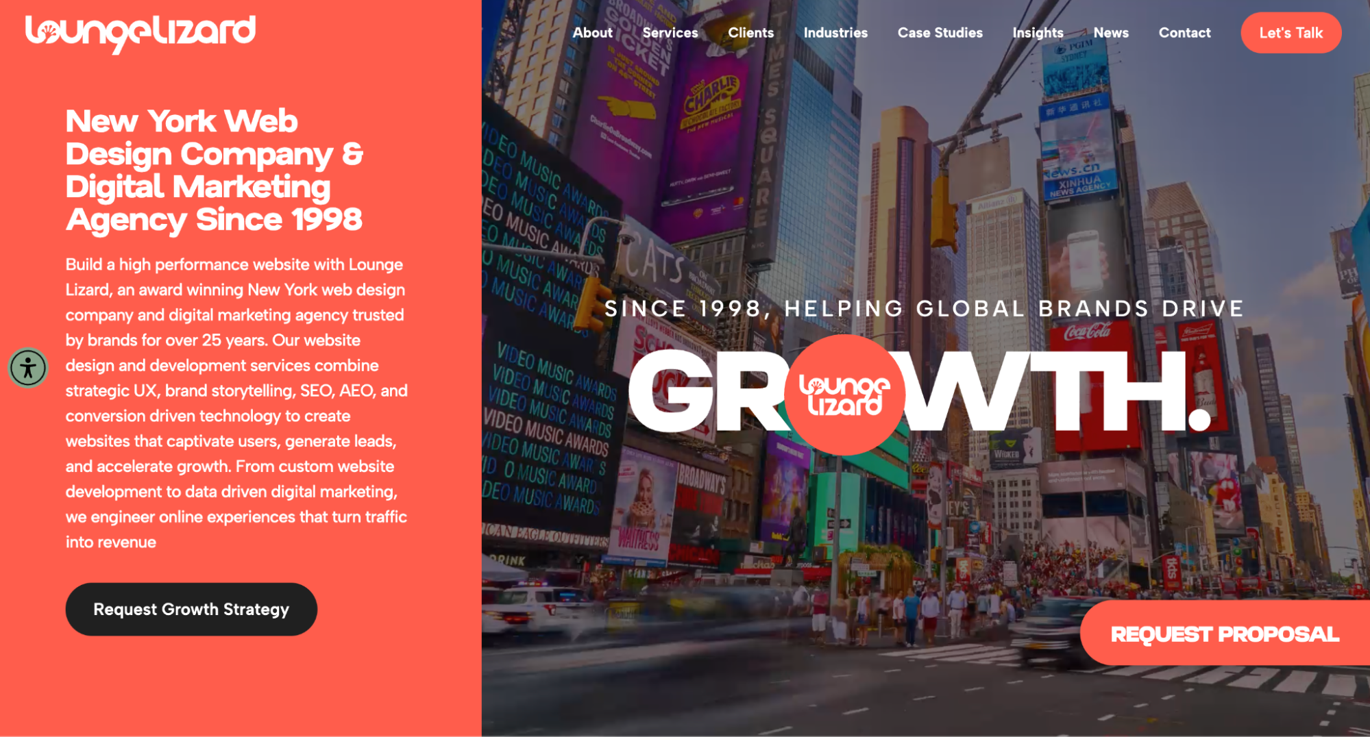 Screenshot of the Lounge Lizard homepage highlighting services for brand growth and digital innovation