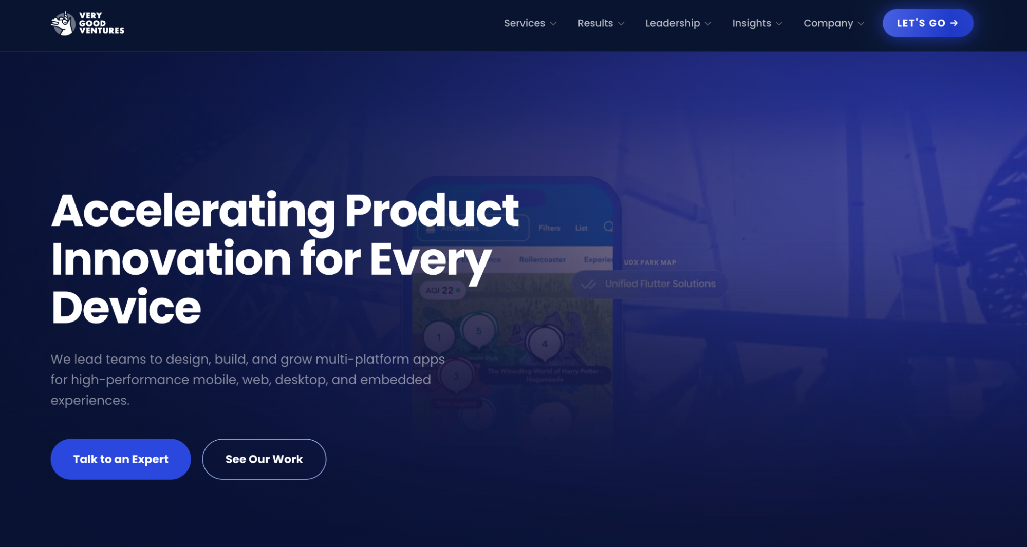 Homepage of Very Good Ventures featuring product engineering and consulting services