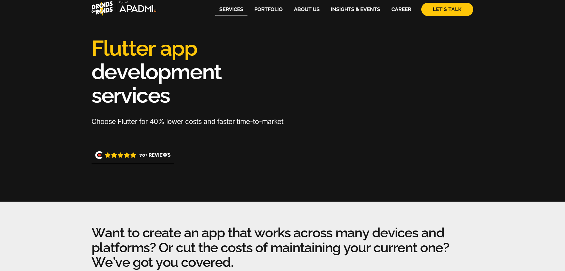 Droids On Roids company website highlighting cross-platform app creation services