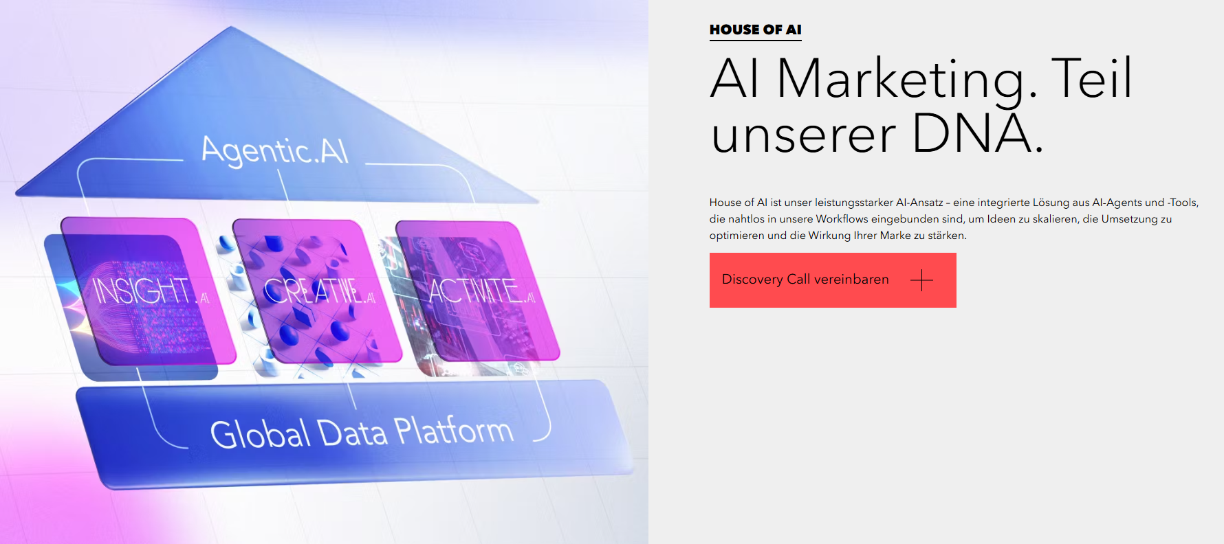 House of AI ist unser leistungsstarker AI-Ansatz – eine integrierte Lösung aus AI‑Agents und -Tools, die nahtlos in unsere Workflows eingebunden sind, um Ideen zu skalieren, die Umsetzung zu optimieren und die Wirkung Ihrer Marke zu stärken.