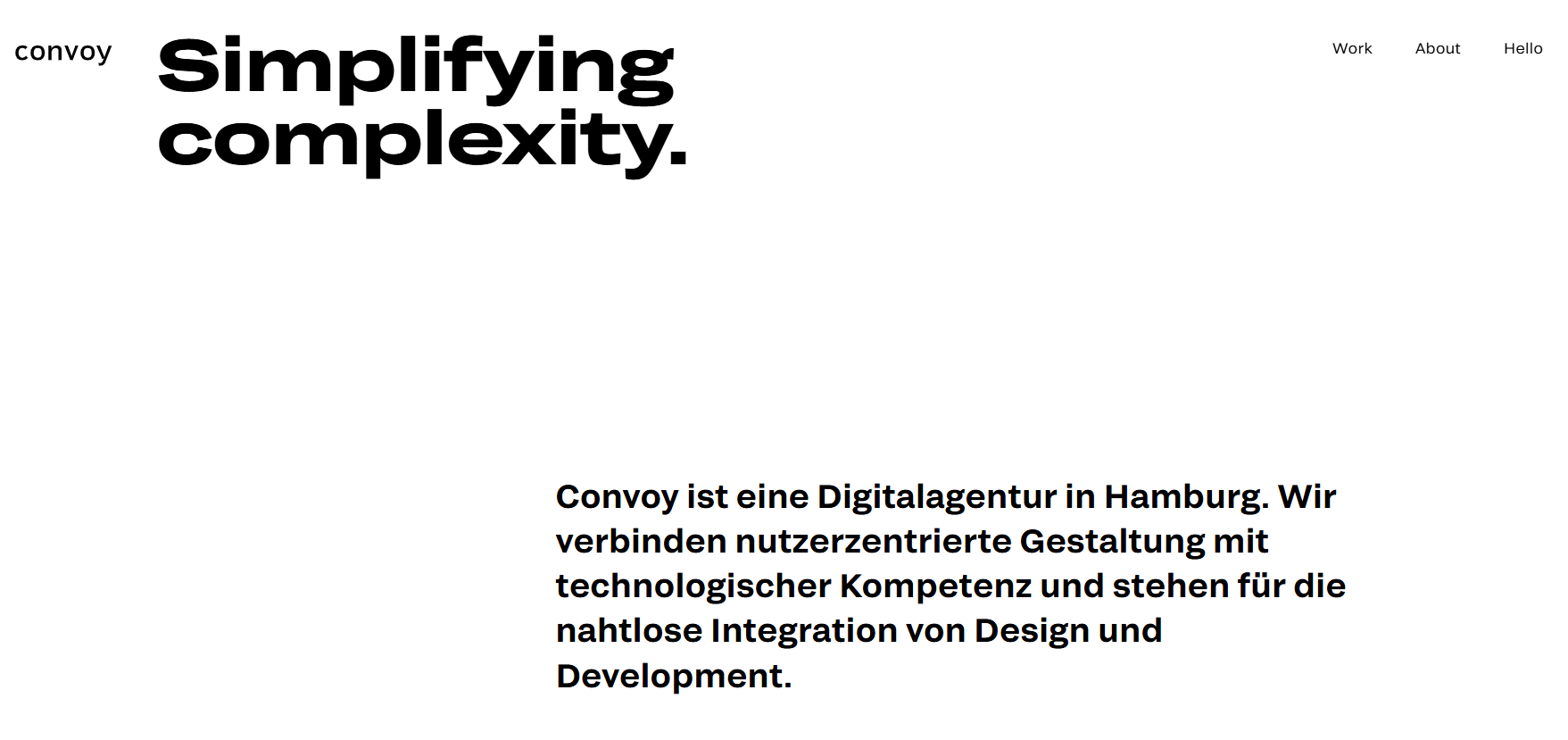 Convoy ist eine Digitalagentur in Hamburg. Wir verbinden nutzerzentrierte Gestaltung mit technologischer Kompetenz und stehen für die nahtlose Integration von Design und Development.