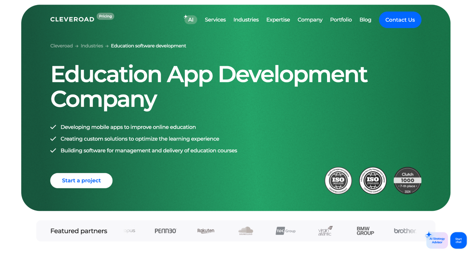 Cleveroad education app development page showcasing e-learning software services