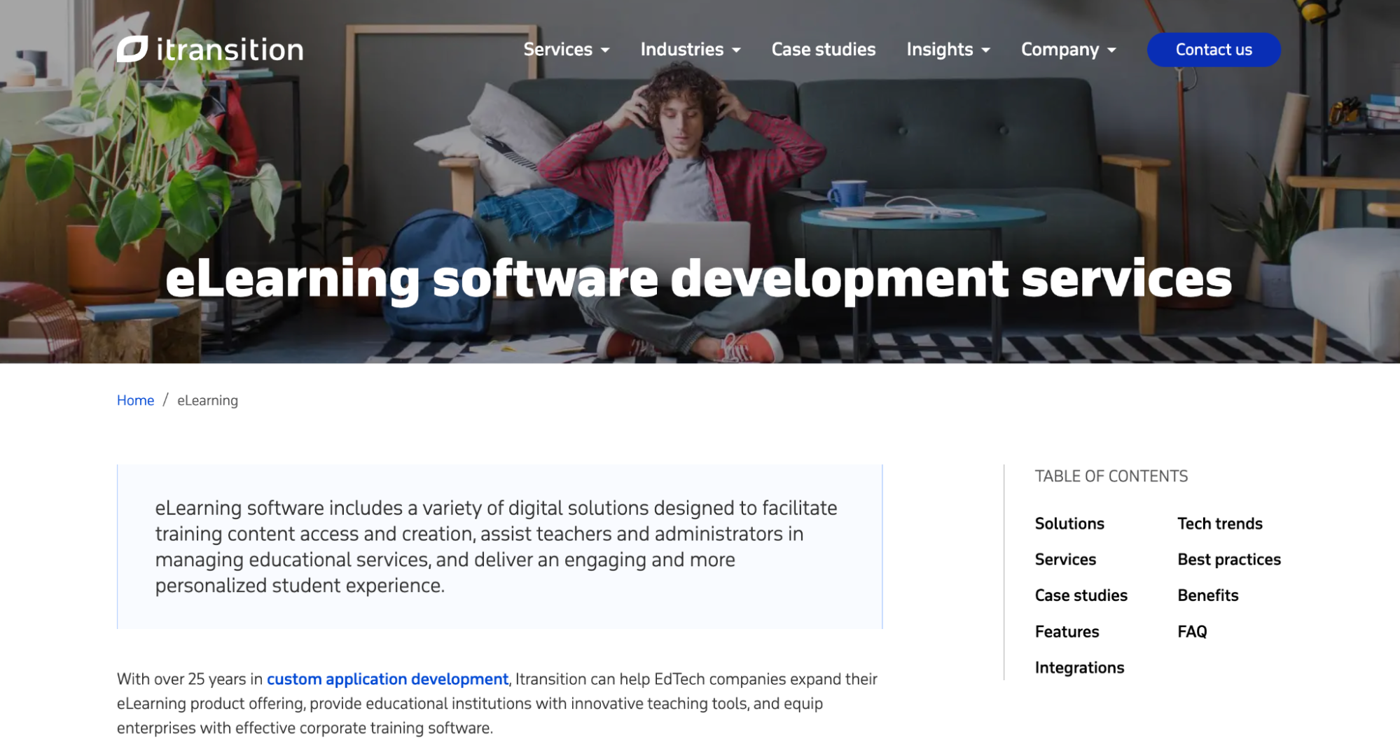 Itransition page showcasing learning solutions for EdTech, education, and corporate training