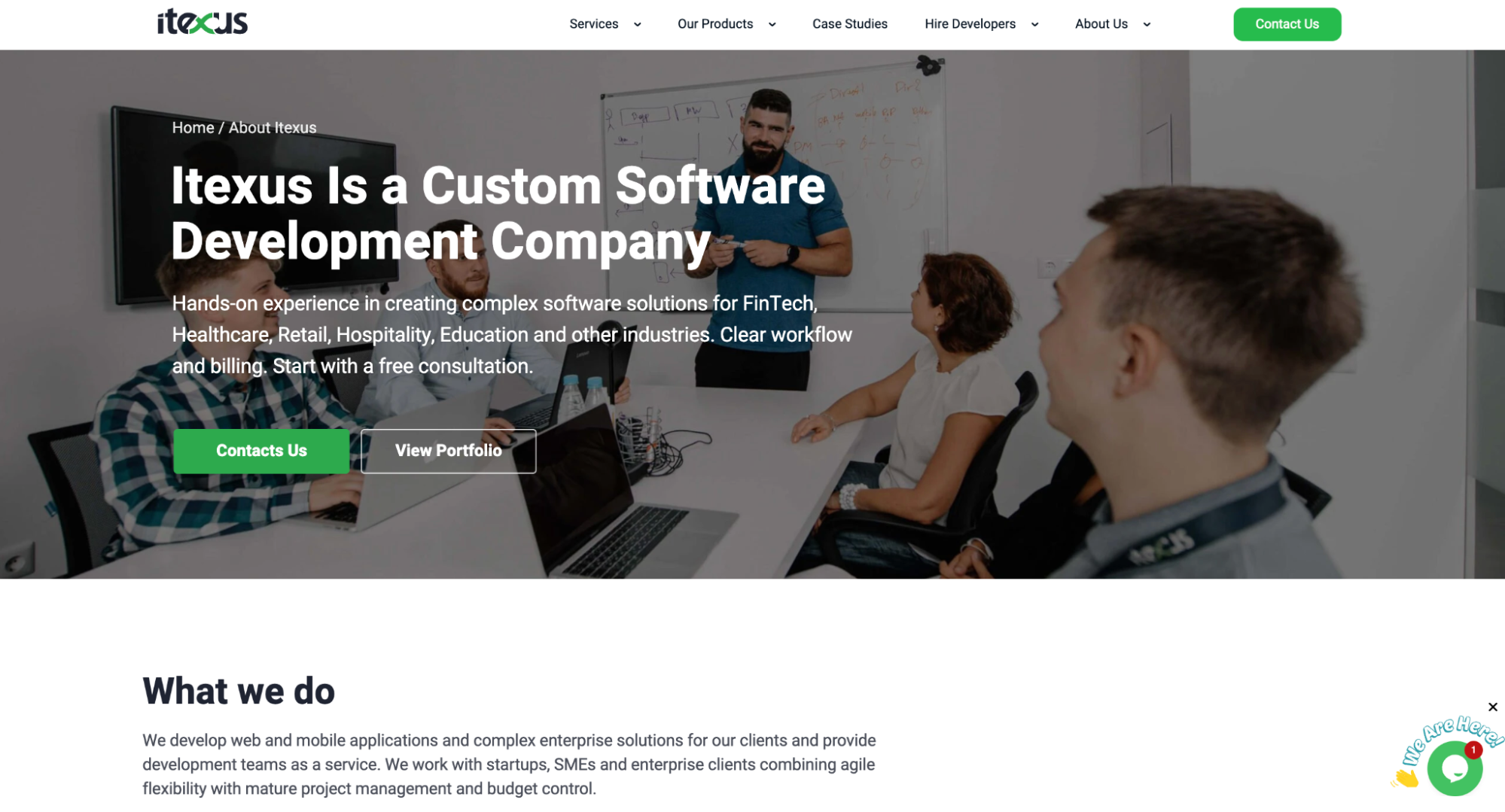 Itexus About page showing industry experience in education, FinTech, healthcare, retail, and other sectors
