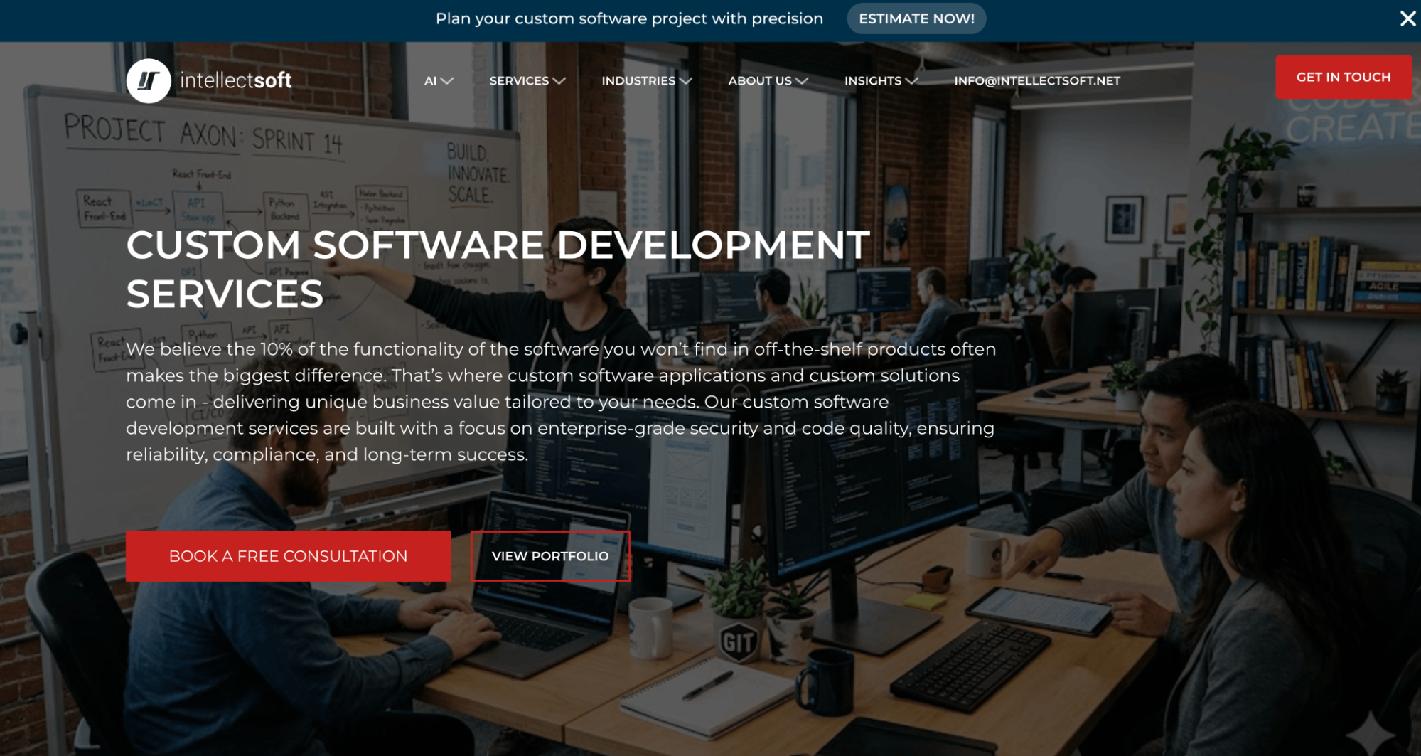 Intellectsoft custom software page showing industry expertise including EdTech, FinTech, healthcare, and retail