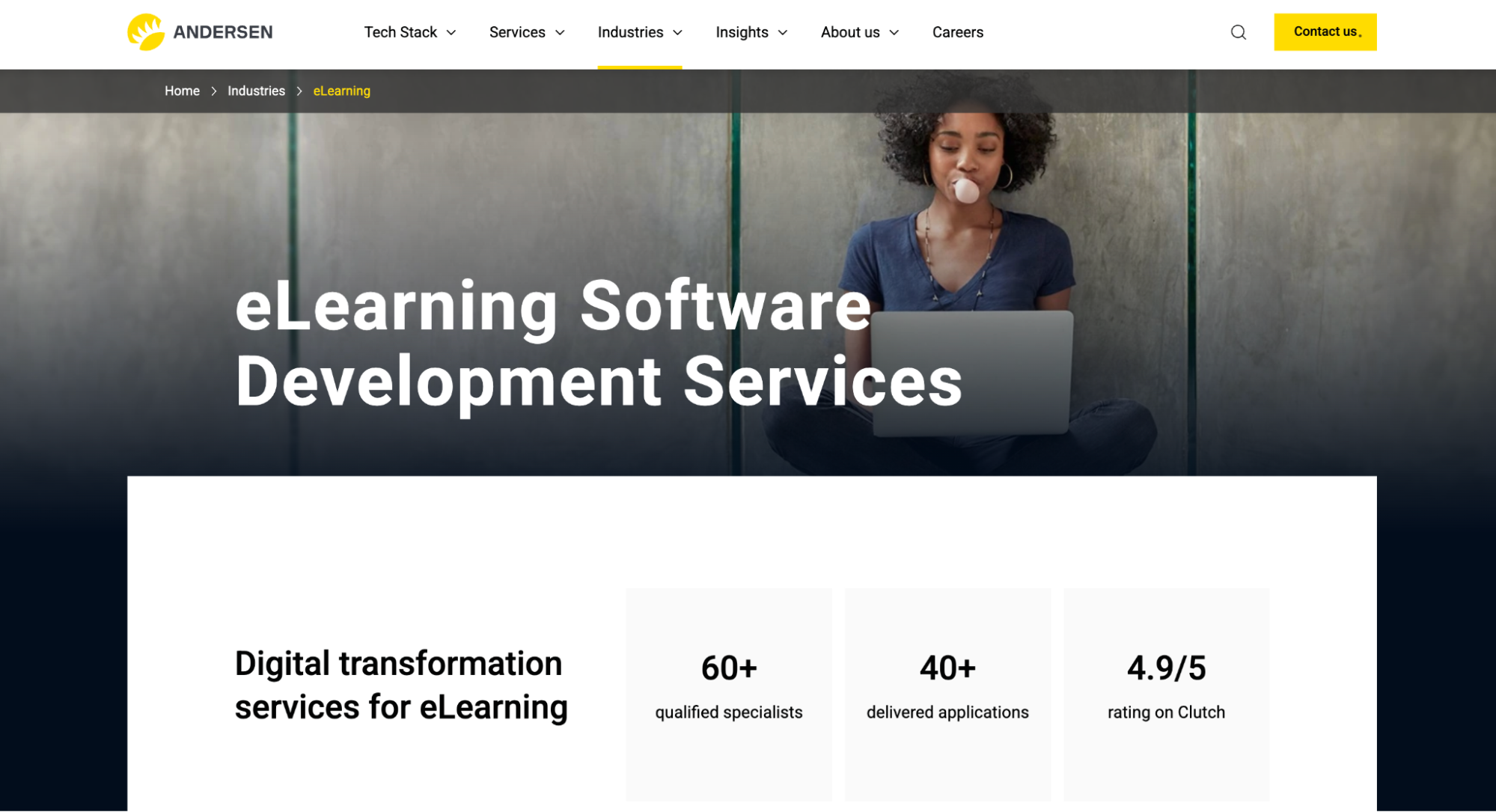 Andersen e-learning development services page highlighting LMS/LXP, integrations, gamification, and maintenance
