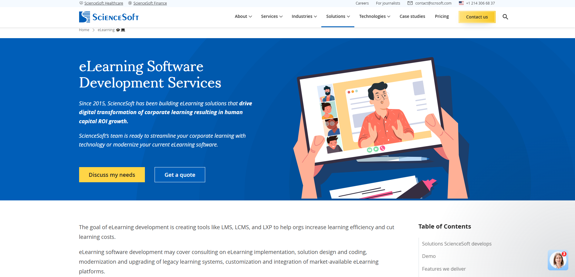 ScienceSoft eLearning services page with LMS, LXP, mobile learning, and remote proctoring solutions