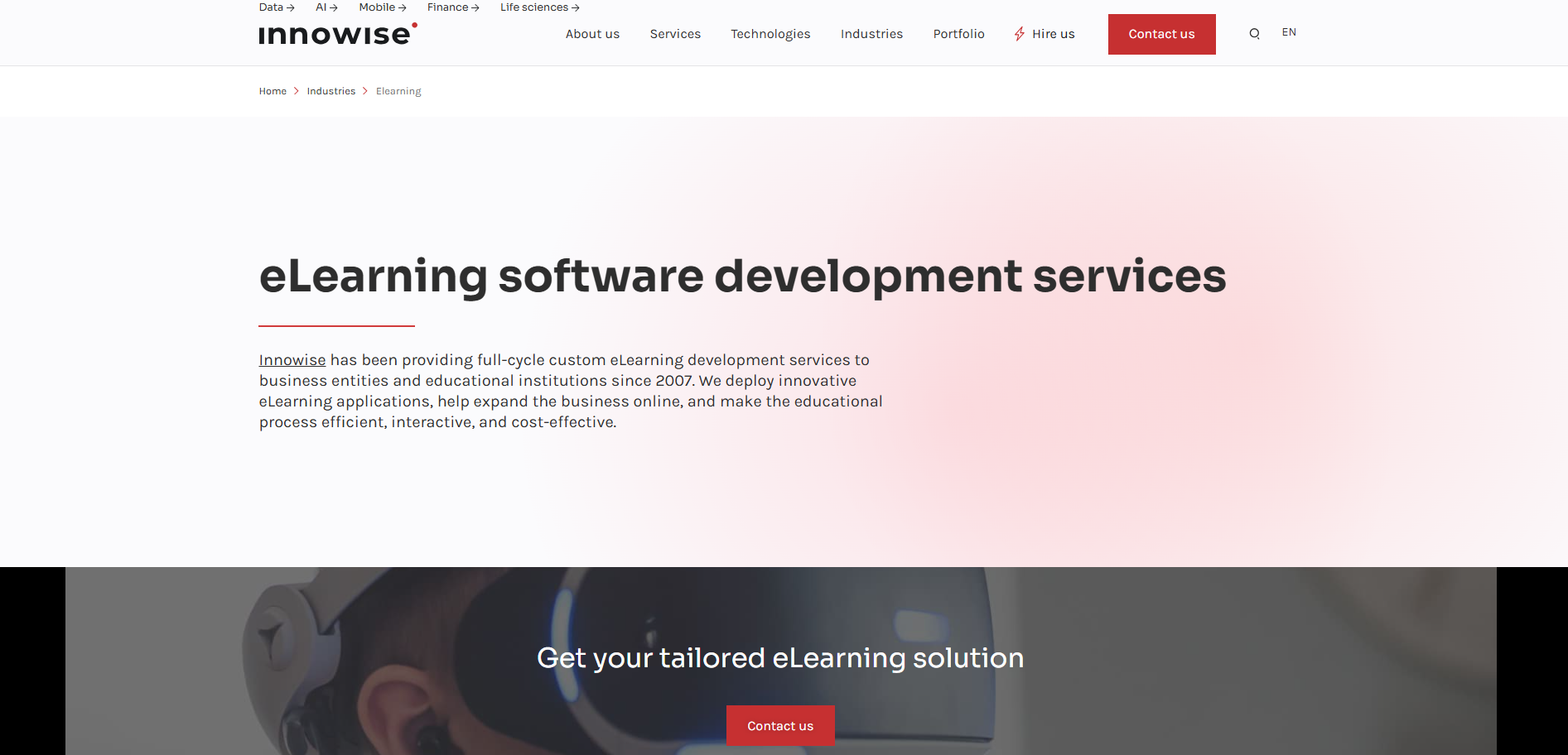 Innowise page showcasing interactive learning solutions powered by AI, AR/VR, real-time communication, and blockchain