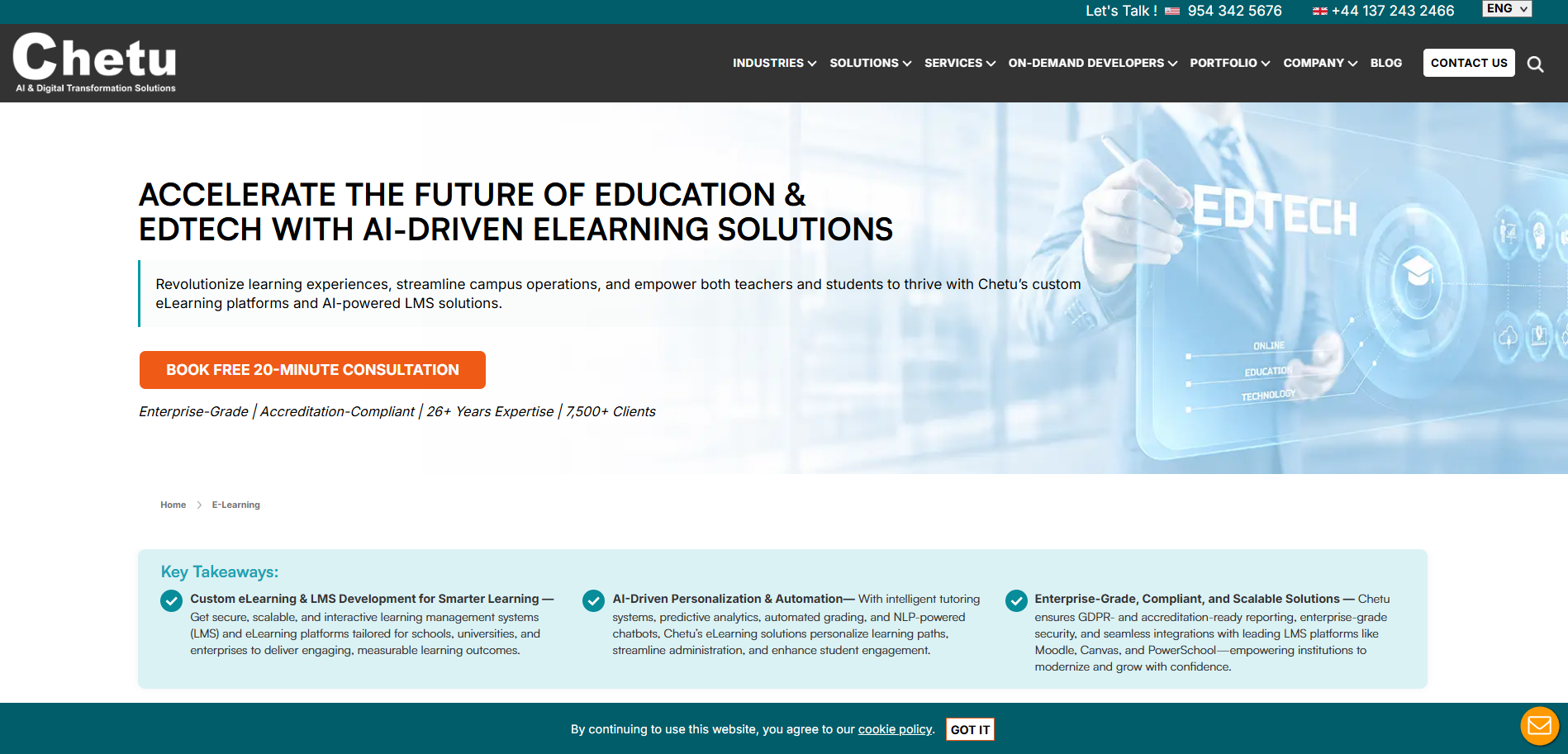 Chetu page describing scalable platforms for schools, universities, and enterprises with AI-driven features