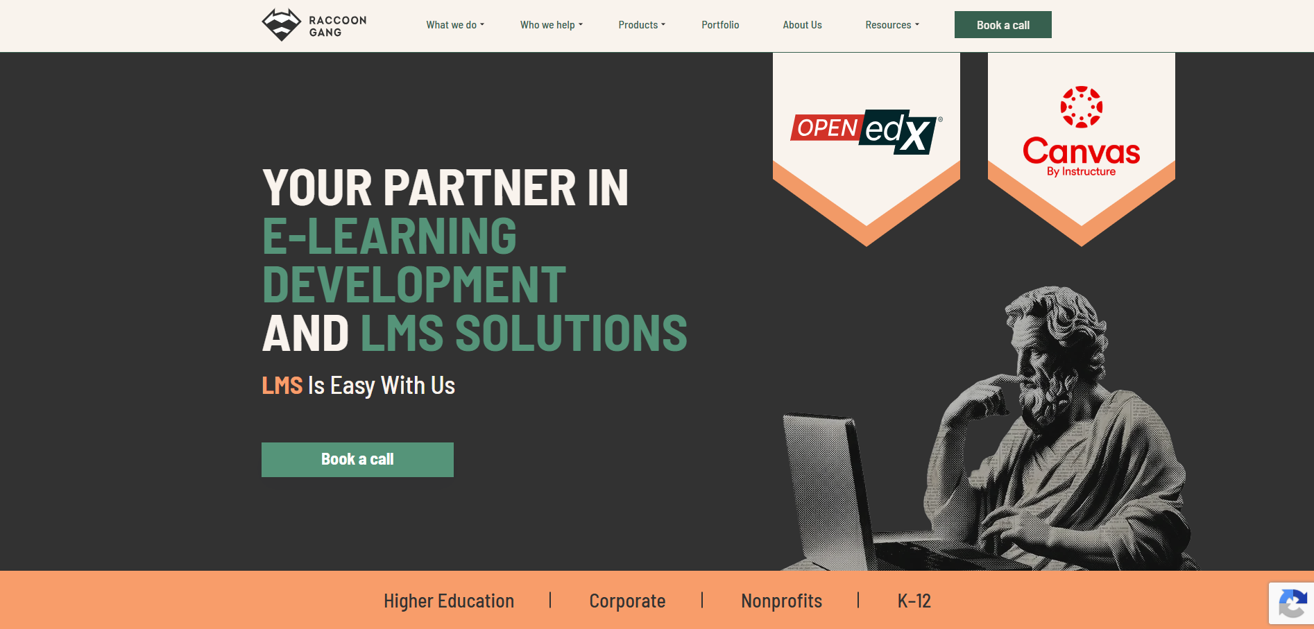 Racoon Gang homepage featuring Open edX and Canvas solutions for higher education, corporate, nonprofit, and K–12 organizations