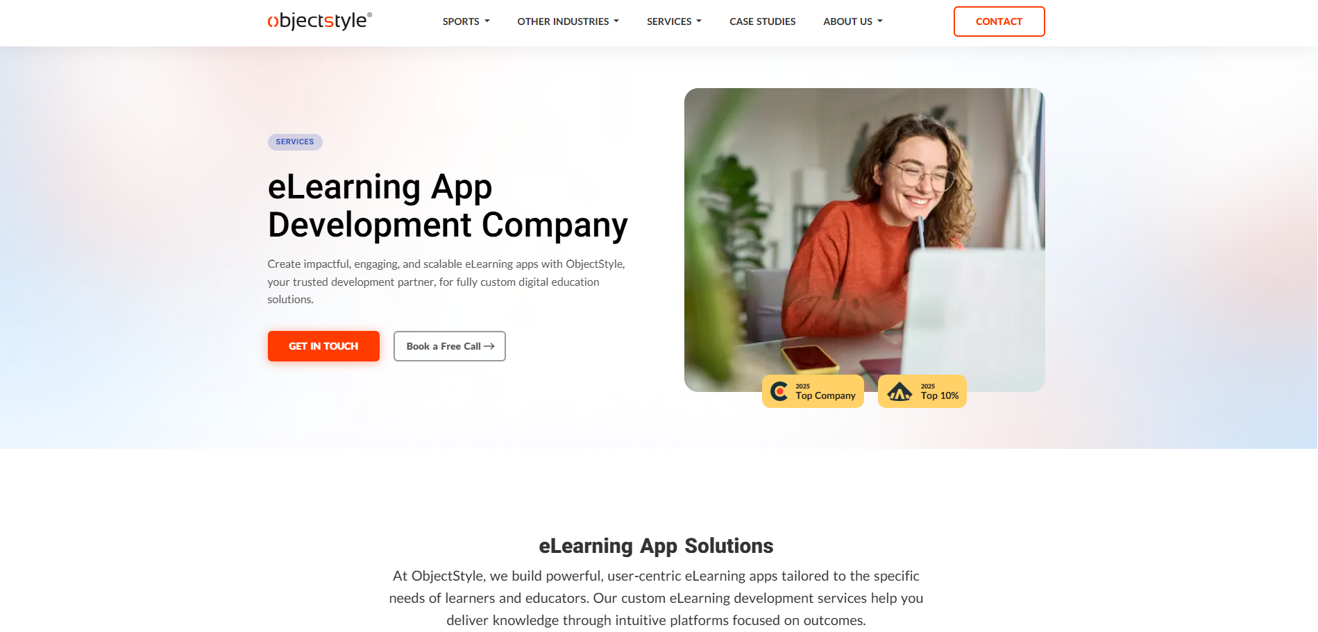 ObjectStyle page showcasing LMS, corporate training, student management, employee engagement, and AI-powered educational apps
