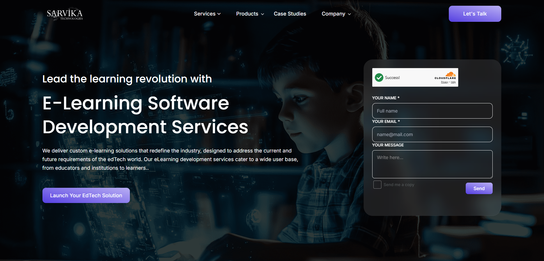 Sarvika Technologies page presenting custom solutions for the EdTech industry and its diverse users