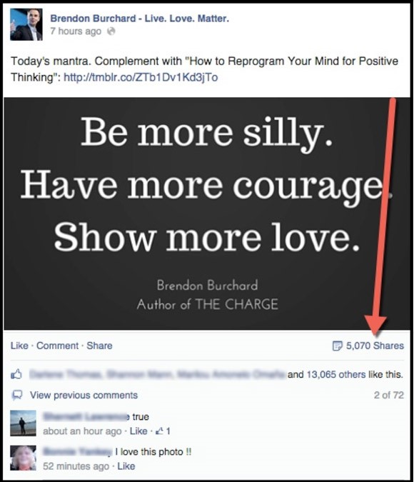 A sample Facebook post of a quote from Brendon Burchard.