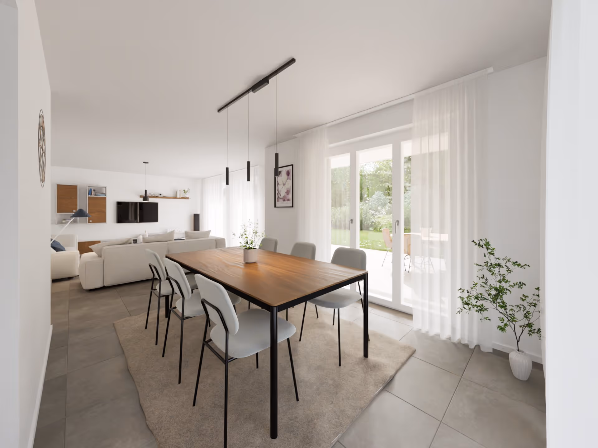 Essbereich mit Blick ins Wohnzimmer