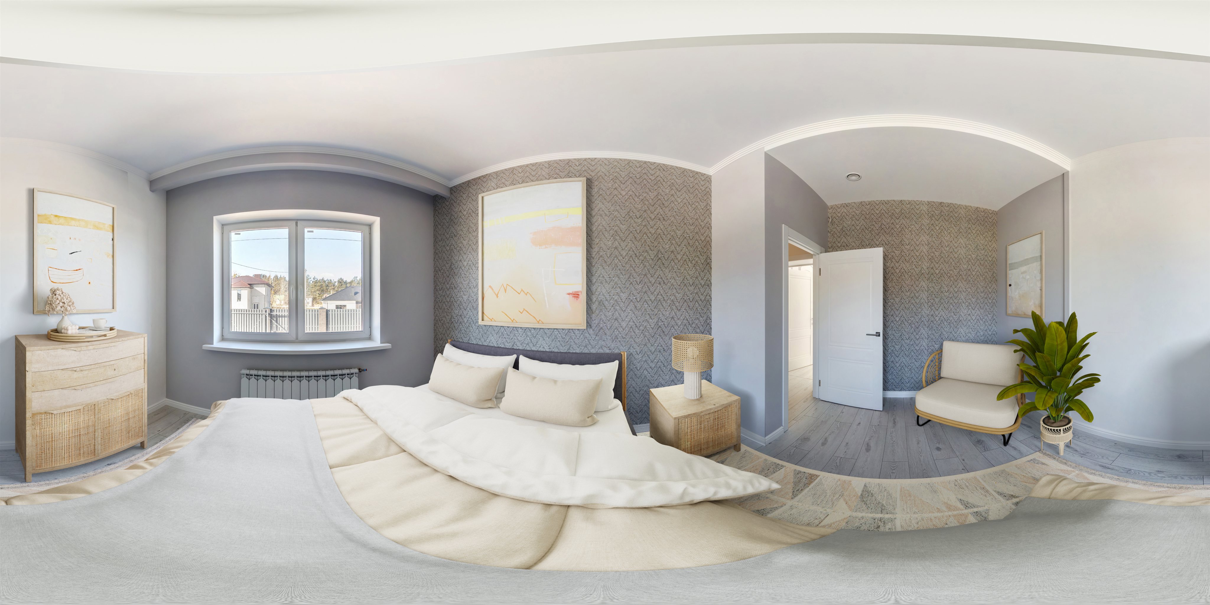 Staged guest bedroom 360 panorama, after staging