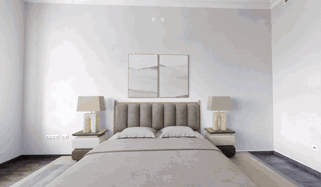 Looking around the staged master bedroom in 360 degrees