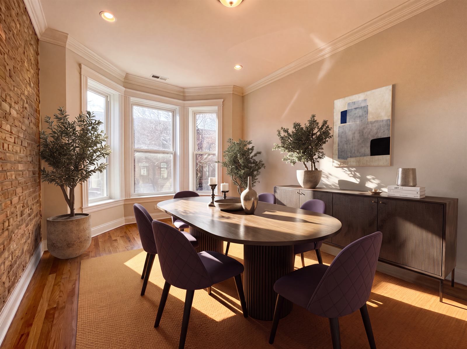 Dining room with honey oak floors, exposed brick, warm beige walls, a jute rug and an oval wood table with curved chairs