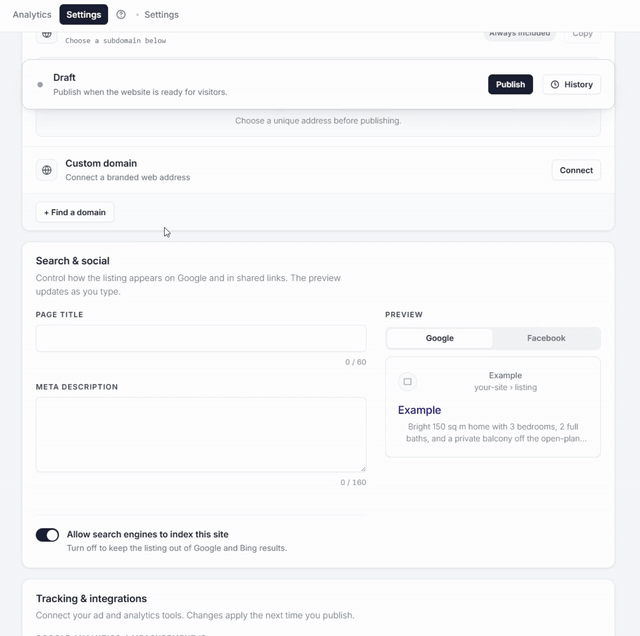 Setting how the property website appears on Google and in shared links