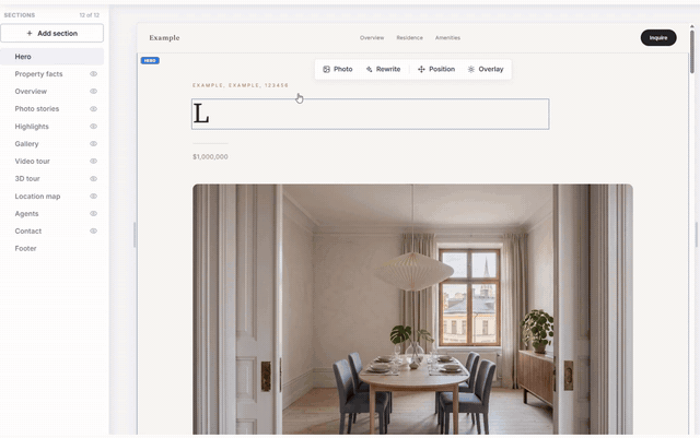 Editing sections, copy, and photos in the property website editor