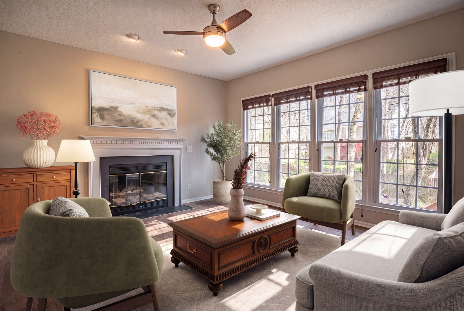 The same staged living room after Apply Design AI enhancement, with brighter light and sharper detail