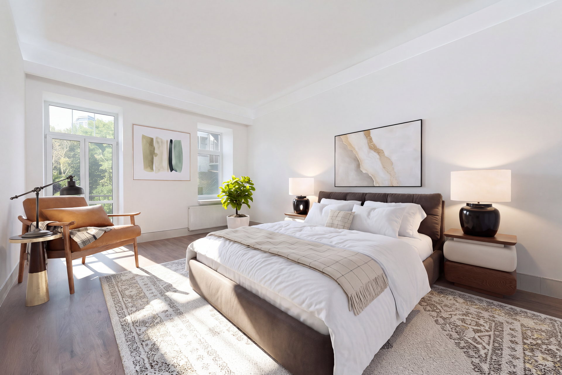 The same bedroom virtually staged with a brown upholstered bed, bedside lamps, framed art, a leather armchair, a plant and a patterned rug
