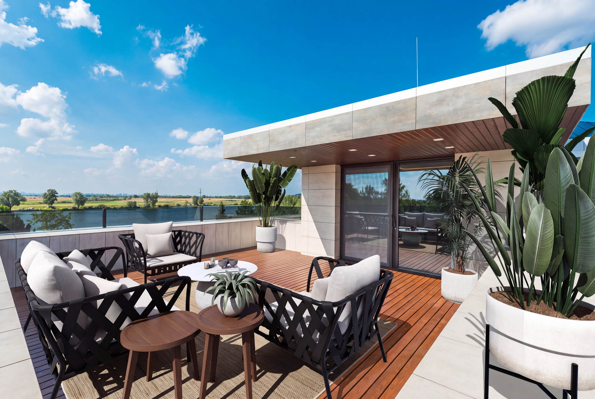 The same rooftop terrace staged with black rattan armchairs, a low table, an outdoor rug and large potted palms