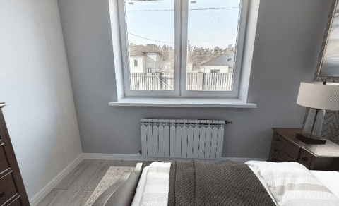 Animated turn around the same bedroom after 360 degree virtual staging, passing the upholstered bed, bedside lamps, framed art, an armchair and a dresser with a mirror