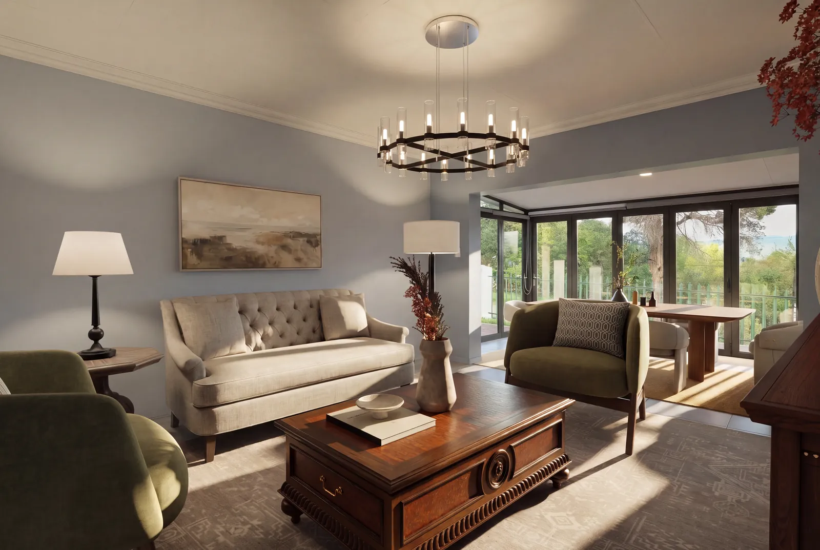 The same living room virtually staged with a new sofa, armchairs and a wood coffee table