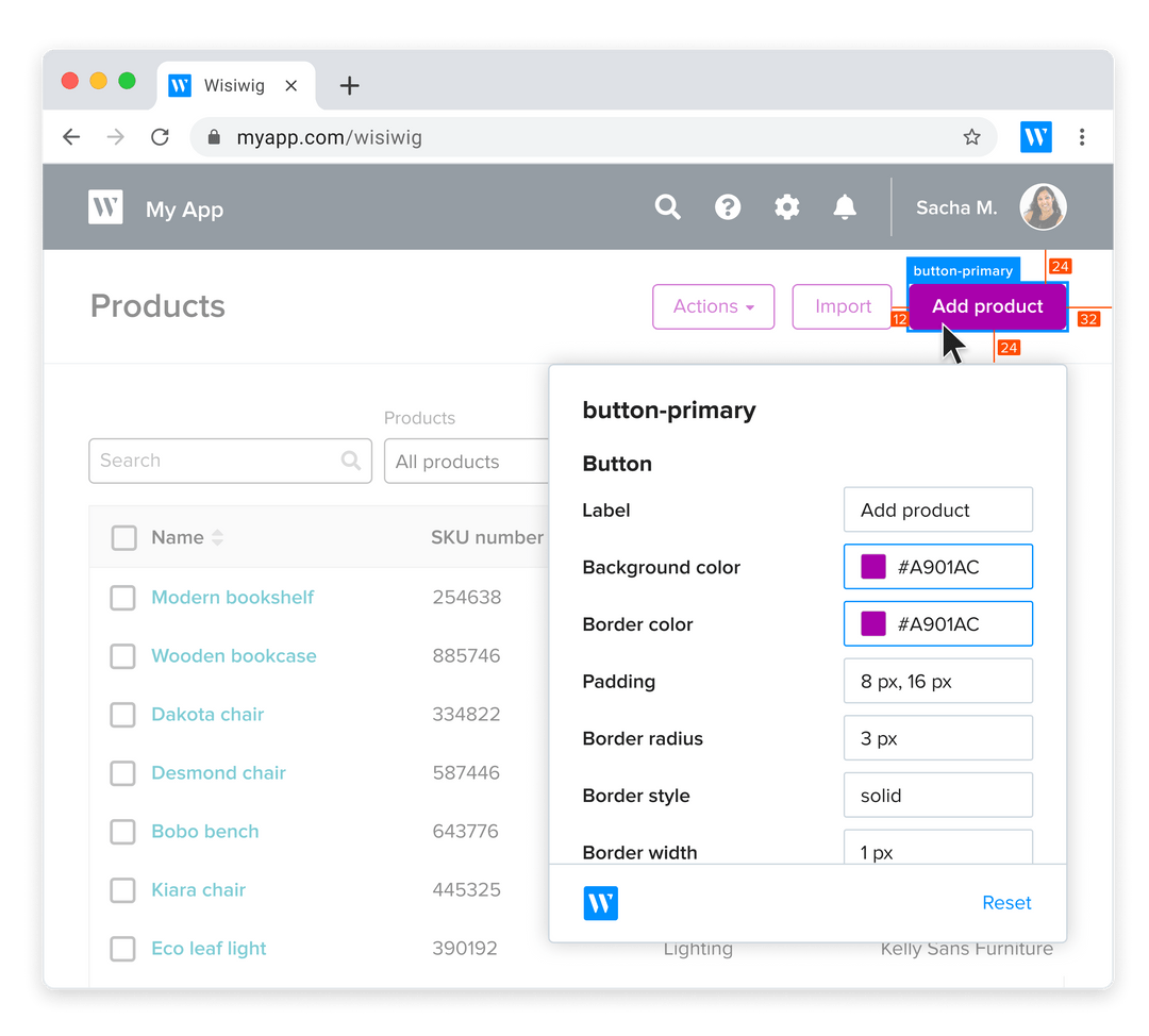 Screenshot showing a list of products on Wisiwig